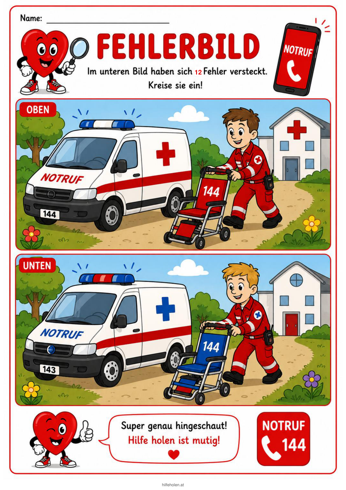 Fehlerbild Notruf 2: Vergleiche die Bilder und finde 12 Unterschiede.