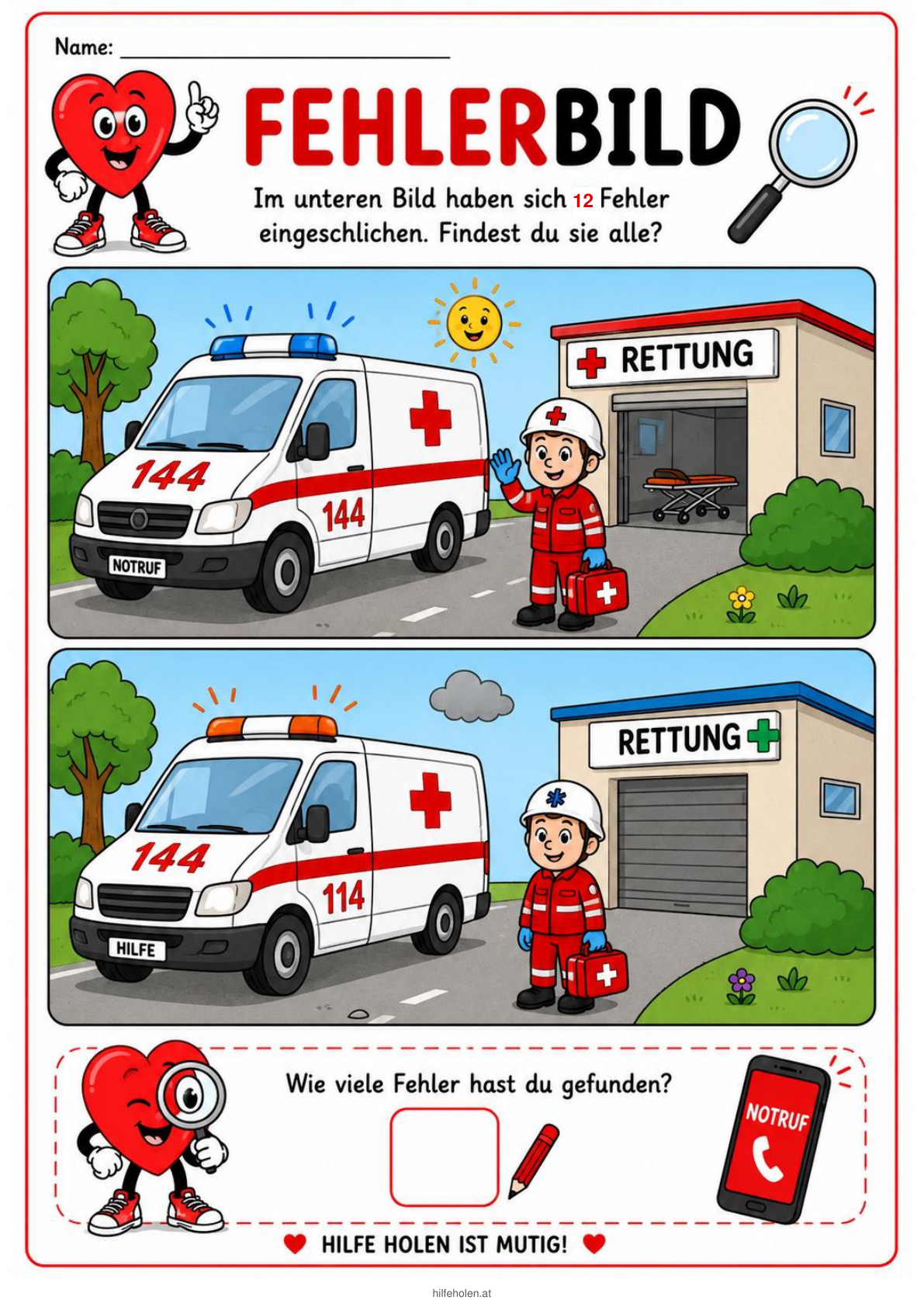 Fehlerbild Notruf: Finde die 12 Unterschiede.