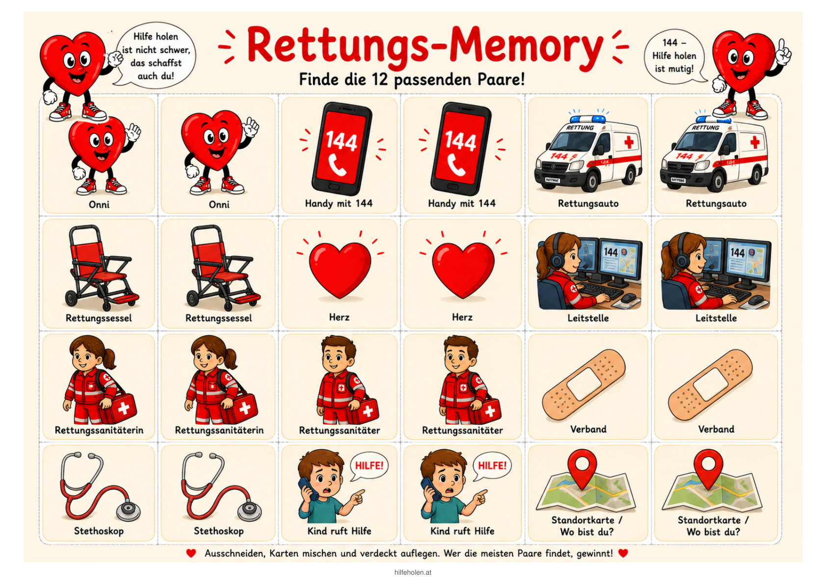 Rettungs-Memory mit 24 Karten für 12 Paare zum Ausschneiden.